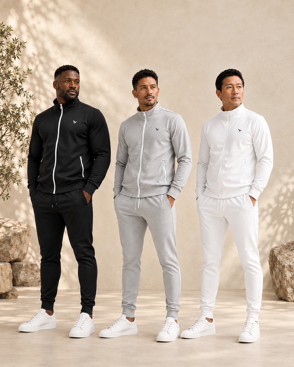 Three men wearing Nido Active sets in Onyx Black, Stone Grey, and Cloud White